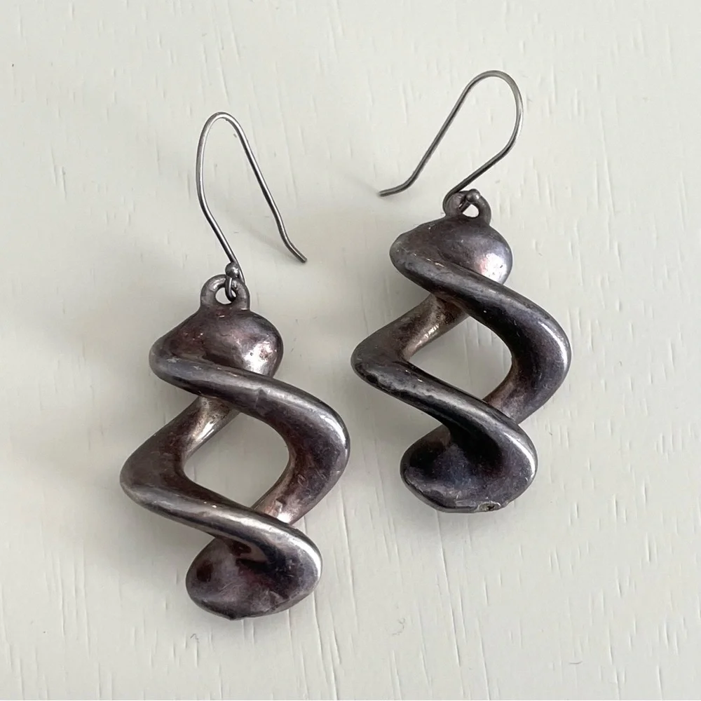 Vintage stamped 925 sterling silver Israel hollow twist dangle earrings Modernis